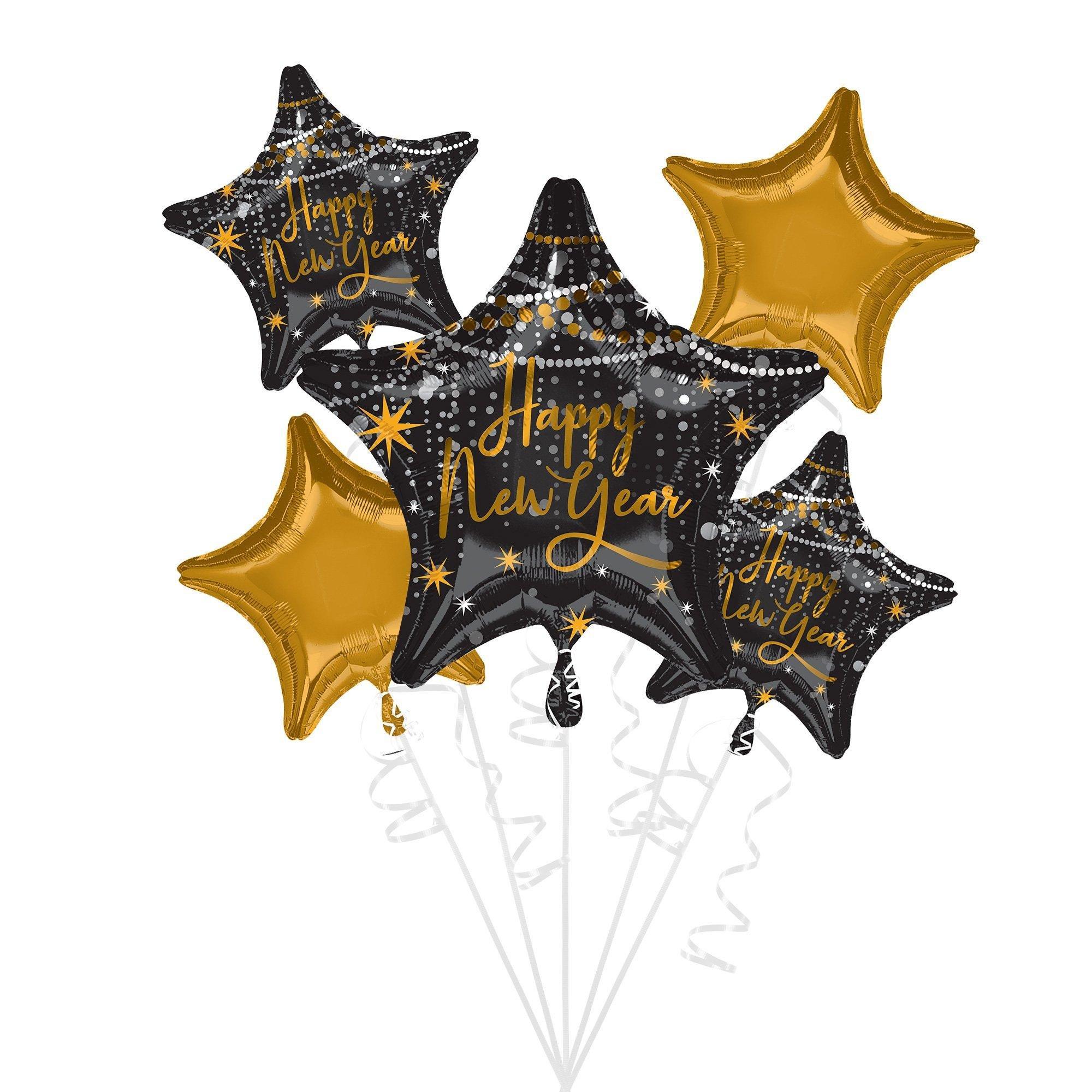 Premium Midnight Hour Happy New Year Star Foil Balloon Bouquet with Balloon Weight, 13pc